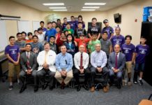 Empowering Boys Forum participants poise with panelist (left to right seating) Rene Ramon, Nario Cantu, Mike Sanchez, Dr. Luis Navarro, Marco Perez and Lee Castro.