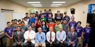 Empowering Boys Forum participants poise with panelist (left to right seating) Rene Ramon, Nario Cantu, Mike Sanchez, Dr. Luis Navarro, Marco Perez and Lee Castro.