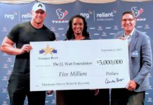 Winell Herron, H-E-B Group Vice President Public Affairs, Diversity and Environmental Affairs, and Scott McClelland, President, H-E-B Food & Drug, presented J.J. Watt with a $5 million check on behalf of Charles Butt at NRG Stadium on Wednesday, Sept. 6. to benefit the Justin J. Watt Foundation’s Houston Flood Relief Fund.