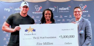 Winell Herron, H-E-B Group Vice President Public Affairs, Diversity and Environmental Affairs, and Scott McClelland, President, H-E-B Food & Drug, presented J.J. Watt with a $5 million check on behalf of Charles Butt at NRG Stadium on Wednesday, Sept. 6. to benefit the Justin J. Watt Foundation’s Houston Flood Relief Fund.