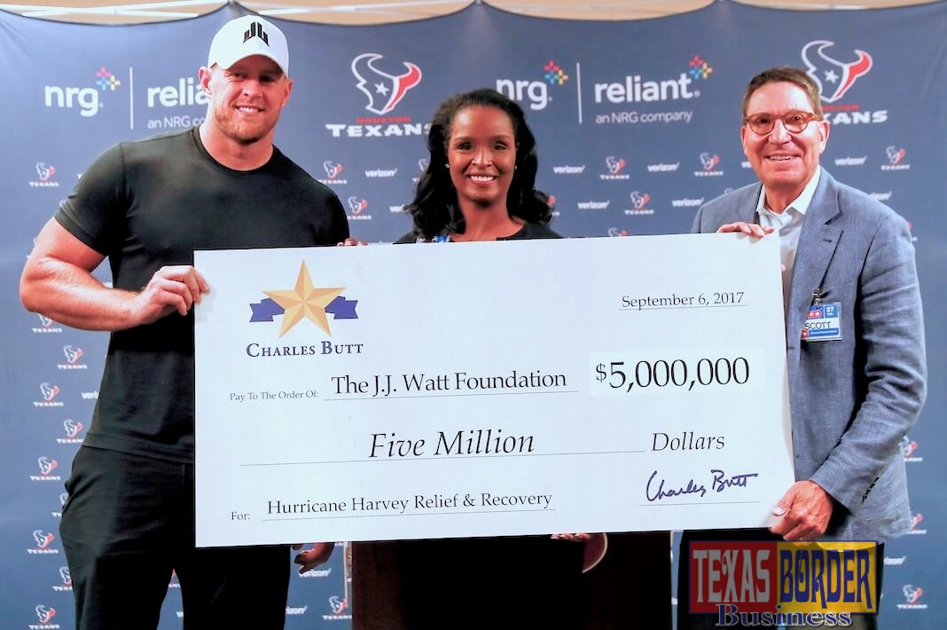Winell Herron, H-E-B Group Vice President Public Affairs, Diversity and Environmental Affairs, and Scott McClelland, President, H-E-B Food & Drug, presented J.J. Watt with a $5 million check on behalf of Charles Butt at NRG Stadium on Wednesday, Sept. 6. to benefit the Justin J. Watt Foundation’s Houston Flood Relief Fund.