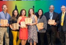 Pictured above, L-R: Parks and Recreation Director Mike Hernandez, Aida Moreno, Roxanne Lerma , Laura Garcia, Carina Jimenez,  Assistant City Manager Joe Vera, IFEA President & CEO, Steven Wood Schmader.