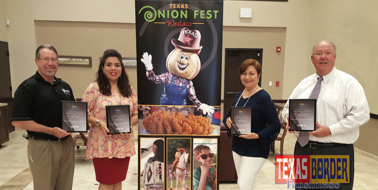 Weslaco Chamber’s Texas Onion Fest received four first-place awards at the Texas Festivals and Events Association awards luncheon held in Fort Worth.  Pictured L-R: Daryl Smith, Smith Security Group, Texas Onion Fest Committee Chair; Laura Espinoza, Weslaco Chamber Marketing Director; Liz Gonzalez, Liz Gonzalez Designs and Doug Croft, Weslaco Chamber President/CEO.