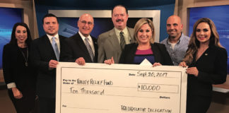 Featured, from left: Marissa Castañeda, Senior Executive Vice-President, Chief Operating Officer, Doctors Hospital at Renaissance; Rep. Sergio Muñoz, Jr., D-Mission; Rep. R.D. “Bobby” Guerra, D-McAllen; Rep. René Oliveira, D-Brownsville; Cary Zayas, News Anchor, KRGV-TV in Weslaco; Rep. Armando “Mando” Martínez, D-Weslaco; and Edna X. De Saro, Senior Vice President and Marketing Director at Lone Star National Bank. The group met at the KRGV-TV studios, one of the locations for donations, on Wednesday, September 20, 2017. Photograph by Justin Cantú.