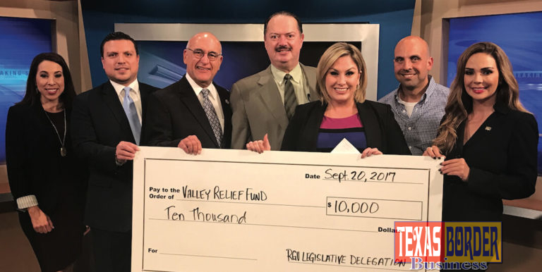 Featured, from left: Marissa Castañeda, Senior Executive Vice-President, Chief Operating Officer, Doctors Hospital at Renaissance; Rep. Sergio Muñoz, Jr., D-Mission; Rep. R.D. “Bobby” Guerra, D-McAllen; Rep. René Oliveira, D-Brownsville; Cary Zayas, News Anchor, KRGV-TV in Weslaco; Rep. Armando “Mando” Martínez, D-Weslaco; and Edna X. De Saro, Senior Vice President and Marketing Director at Lone Star National Bank. The group met at the KRGV-TV studios, one of the locations for donations, on Wednesday, September 20, 2017. Photograph by Justin Cantú.
