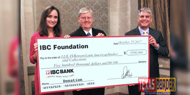 Dennis E. Nixon, Chair and CEO of IBC Bank (center) presents a "big check" to Virginia Garrard, director of LLILAS Benson, and Greg Fenves, president of The University of Texas at Austin. Photo: Carla Silva-Muhammad.