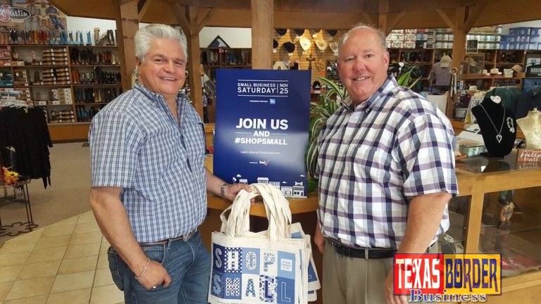 Pictured: Weslaco Chamber President/CEO delivers Small Business Saturday materials to Mary Masso, owner of Boots ‘n Jeans, located along Expressway 83 in Weslaco.