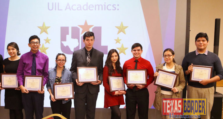 Students from Edinburg CISD’s UIL Academics Program pose for a photo during an Edinburg Rotary meeting at the Echo Hotel in Edinburg. Pictured L-R: Vela High School senior Karla Tamez, Vela High School junior Martin Torres, Economedes High School senior Yazbel Rodriguez, Economedes High School senior Alex Villarreal, Edinburg North High School senior Martha Garcia, Edinburg North High School senior Martha Garcia, Edinburg High School senior Elena Pacheco, and Edinburg High School senior Angel Moyeda.