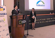 Congressman Henry Cuellar (TX-28) speaks at the Network of Latino Credit Unions & Professionals Networking Reception on Tuesday in Washington. Pictured from left to right: Congressman Henry Cuellar and President/CEO of the Border Federal Credit Union Maria J. Martinez.