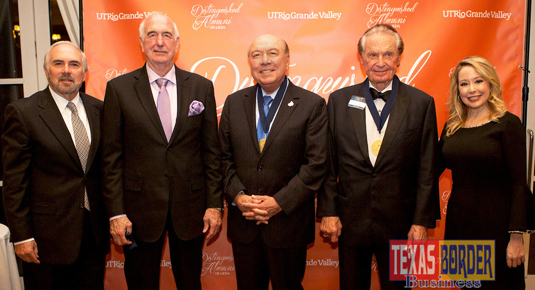 UTRGV honored three outstanding alumni with the 2018 Distinguished Alumni Award during a ceremony March 1 at the McAllen Country Club. The award recognizes high-achieving alumni who have made significant contributions to society through their accomplishments, affiliations, careers and philanthropy. Shown at the event are (from left) UTRGV Founding President Guy Bailey, who presented the awards; recipient Gen. William F. Garrison of Hico, Texas, a retired major general of the U.S. Army and 1966 graduate of UTRGV legacy institution Pan American College; recipient Sen. Juan “Chuy” Hinojosa of McAllen, a 1970 graduate of Pan American College who has served Texas Senate District 20 since 2002; and recipient Welcome Wilson Sr. of Houston, a real estate developer and businessman and a 1946 graduate of UTRGV legacy institution Brownsville Junior College; and UTRGV Vice President for Institutional Advancement Kelly Scrivner, who opened the event. (UTRGV Photo by Silver Salas)