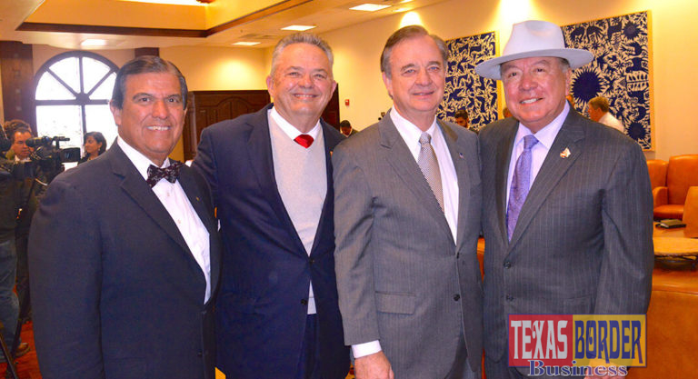From L-R: Texas Senator Eddie Lucio, Jr.; Robert Vackar, President Bert Ogden Auto Group RGV; Chancellor John Sharp, the new 2018 Border Texan of the Year and Texas Senator Juan “Chuy” Hinojosa. Photo Roberto Hugo Gonzalez