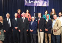 Edwards Abstract and Title Co. welcomed Dr. Ted C. Jones, Ph.D. as the guest speaker during the 14th Annual State of Real Estate Forum held on March 8, 2018. For the past fourteen years the State of Real Estate Forum is coordinated and presented by Edwards Abstract and Title Co. as a resource for real estate industry professionals. Pictured are members of the Edwards Management Team and special invited guests. (First row L-R) Brandon Linscomb, Stewart Title Guaranty Co.; Elva Jackson Garza, Edwards Abstract and Title Co.; Mark S. Pena, Lewis, Monroe & Pena, LLC; Alan Monroe, Lewis, Monroe & Pena, LLC; Dr. Ted C. Jones, Sr. Vice President & Chief Economist with Stewart Title Guaranty Co.; Mayor Jim Darling, city of McAllen; Byron Jay Lewis, Edwards Abstract and Title Co.; N. Michael Overly, Edwards Abstract and Title Co.; D.D. Hoffman, Edwards Abstract and Title Co.; Chris Hughston, Edwards Abstract and Title Co.; and William Rountree, Law Office of William Rountree. Back row: Pamela Dougherty, Edwards Abstract and Title Co.; Mariana R. Ramirez, Edwards Abstract and Title Co.; Marilyn De Luna, Edwards Abstract and Title Co.; Letty Rodriguez, Edwards Abstract and Title Co.; and Diana S. Kaufold, Edwards Abstract and Title Co.