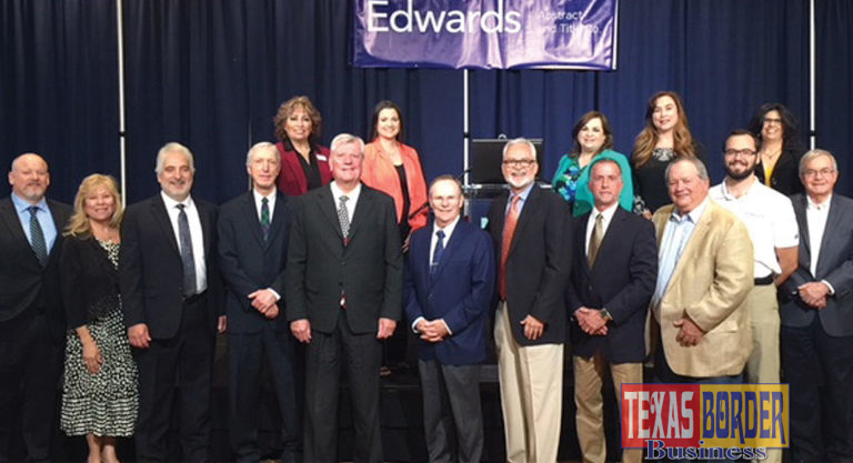 Edwards Abstract and Title Co. welcomed Dr. Ted C. Jones, Ph.D. as the guest speaker during the 14th Annual State of Real Estate Forum held on March 8, 2018. For the past fourteen years the State of Real Estate Forum is coordinated and presented by Edwards Abstract and Title Co. as a resource for real estate industry professionals. Pictured are members of the Edwards Management Team and special invited guests. (First row L-R) Brandon Linscomb, Stewart Title Guaranty Co.; Elva Jackson Garza, Edwards Abstract and Title Co.; Mark S. Pena, Lewis, Monroe & Pena, LLC; Alan Monroe, Lewis, Monroe & Pena, LLC; Dr. Ted C. Jones, Sr. Vice President & Chief Economist with Stewart Title Guaranty Co.; Mayor Jim Darling, city of McAllen; Byron Jay Lewis, Edwards Abstract and Title Co.; N. Michael Overly, Edwards Abstract and Title Co.; D.D. Hoffman, Edwards Abstract and Title Co.; Chris Hughston, Edwards Abstract and Title Co.; and William Rountree, Law Office of William Rountree. Back row: Pamela Dougherty, Edwards Abstract and Title Co.; Mariana R. Ramirez, Edwards Abstract and Title Co.; Marilyn De Luna, Edwards Abstract and Title Co.; Letty Rodriguez, Edwards Abstract and Title Co.; and Diana S. Kaufold, Edwards Abstract and Title Co.