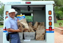 A letter carrier with the National Association of Letter Carriers is ready to pick up your food. Save the Date. Stamp Out Hunger is May 12! Thank you to Rio Grande Valley College for co-sponsoring paper bags this year. Volunteers are needed to sort the food; contact Carla Lopez at (956) 682-8101 or sign up at www.foodbankrgv.com.