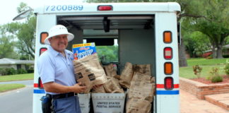 A letter carrier with the National Association of Letter Carriers is ready to pick up your food. Save the Date. Stamp Out Hunger is May 12! Thank you to Rio Grande Valley College for co-sponsoring paper bags this year. Volunteers are needed to sort the food; contact Carla Lopez at (956) 682-8101 or sign up at www.foodbankrgv.com.