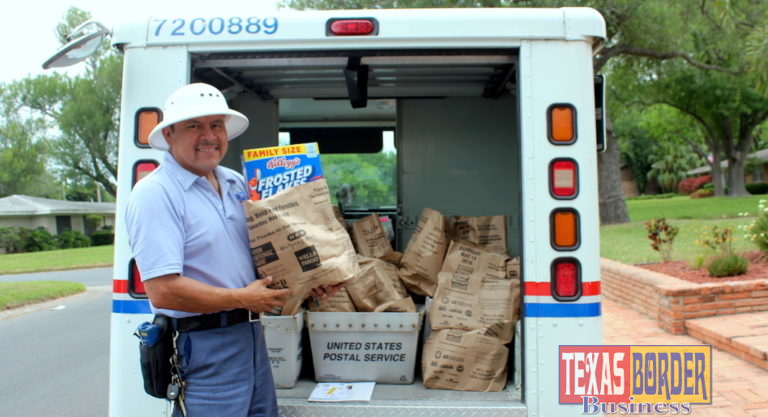 A letter carrier with the National Association of Letter Carriers is ready to pick up your food. Save the Date. Stamp Out Hunger is May 12! Thank you to Rio Grande Valley College for co-sponsoring paper bags this year. Volunteers are needed to sort the food; contact Carla Lopez at (956) 682-8101 or sign up at www.foodbankrgv.com.