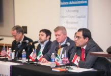 Dr. Marco Rojo (far right), professor of economics at Universidad Internacional Iberoamericana UNINI Mexico answers questions from attendees at STC’s Renegotiating NAFTA conference held on April 20. The event was specifically geared to the border, covering issues that stand to directly influence the region including investment and job creation in relation to NAFTA renegotiations.  Left to right: Dr. John Sargent, professor of Business and Entrepreneurship at the University of Texas-Rio Grande Valley; Jesus Cañas, senior economist for the Federal Reserve Bank of Dallas; Dr. Russel Adams, chair of the Department of International Business and Entrepreneurship at UTRGV; and Dr. Rojo.