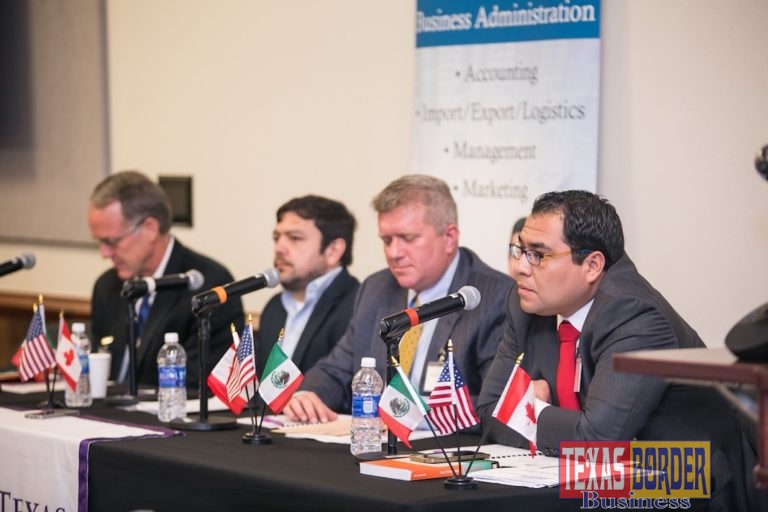 Dr. Marco Rojo (far right), professor of economics at Universidad Internacional Iberoamericana UNINI Mexico answers questions from attendees at STC’s Renegotiating NAFTA conference held on April 20. The event was specifically geared to the border, covering issues that stand to directly influence the region including investment and job creation in relation to NAFTA renegotiations.  Left to right: Dr. John Sargent, professor of Business and Entrepreneurship at the University of Texas-Rio Grande Valley; Jesus Cañas, senior economist for the Federal Reserve Bank of Dallas; Dr. Russel Adams, chair of the Department of International Business and Entrepreneurship at UTRGV; and Dr. Rojo.