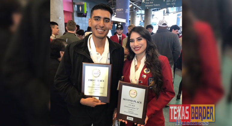 PSJA ECHS students Damien Luna and Yesenia Ramirez pictured at the SkillsUSA State competition held in Corpus Christi, April 5-8 after earning 1st and 2nd place in their categories, respectively.