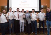 Pictured at center UTRGV President Guy Bailey, posing with the UTRGV Chess Team, who won the annual President’s Cup national championship, known as the Final Four of College Chess competition, at the Marshall Chess Club in New York City on April 1. The university celebrated the first ever national championship win for the Chess Team on Friday, April 6, at the Brownsville Campus. The celebration will continue with the Chess Team on the Edinburg Campus at noon on Monday, April 9, at the Visitors Center. (UTRGV Photo by Veronica Gaona)