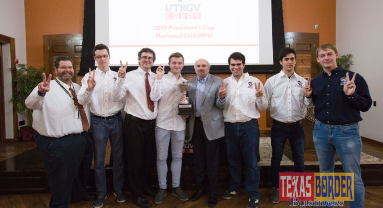 Pictured at center UTRGV President Guy Bailey, posing with the UTRGV Chess Team, who won the annual President’s Cup national championship, known as the Final Four of College Chess competition, at the Marshall Chess Club in New York City on April 1. The university celebrated the first ever national championship win for the Chess Team on Friday, April 6, at the Brownsville Campus. The celebration will continue with the Chess Team on the Edinburg Campus at noon on Monday, April 9, at the Visitors Center. (UTRGV Photo by Veronica Gaona)
