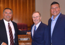 Featured, from left: Newly-elected McAllen District 1 City Commissioner Javier Villalobos, McAllen Mayor Jim Darling, and Edinburg Mayor Richard Molina, following the Monday, March 12, 2018 swearing-in ceremony for Villalobos, which took place in the City Commission Chamber at McAllen City Hall. Villalobos represents District 1, which includes northeast McAllen and borders Edinburg’s southwest region, which features Doctors Hospital at Renaissance Health System and South Texas Hospital System. Photograph By ROBERTO GONZÁLEZ