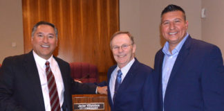 Featured, from left: Newly-elected McAllen District 1 City Commissioner Javier Villalobos, McAllen Mayor Jim Darling, and Edinburg Mayor Richard Molina, following the Monday, March 12, 2018 swearing-in ceremony for Villalobos, which took place in the City Commission Chamber at McAllen City Hall. Villalobos represents District 1, which includes northeast McAllen and borders Edinburg’s southwest region, which features Doctors Hospital at Renaissance Health System and South Texas Hospital System. Photograph By ROBERTO GONZÁLEZ