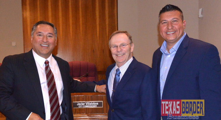 Featured, from left: Newly-elected McAllen District 1 City Commissioner Javier Villalobos, McAllen Mayor Jim Darling, and Edinburg Mayor Richard Molina, following the Monday, March 12, 2018 swearing-in ceremony for Villalobos, which took place in the City Commission Chamber at McAllen City Hall. Villalobos represents District 1, which includes northeast McAllen and borders Edinburg’s southwest region, which features Doctors Hospital at Renaissance Health System and South Texas Hospital System. Photograph By ROBERTO GONZÁLEZ