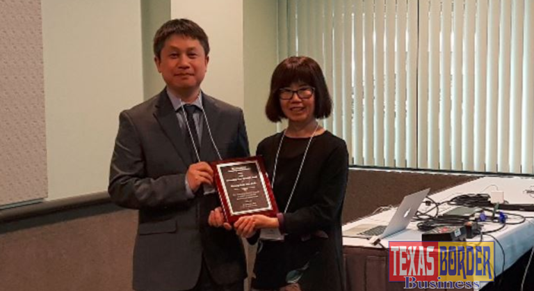 Dr. Myoung-Hwan Kim, UTRGV assistant professor of physics, was named Outstanding Young Researcher for 2018 by The Association of Korean Physicists in America, at the annual meeting of the American Physical Society. Here, he is seen accepting his award from AKPA President Young-Kee Kim at the KPS-AKPA Symposium in March at the Los Angeles Convention Center. (Courtesy Photo)