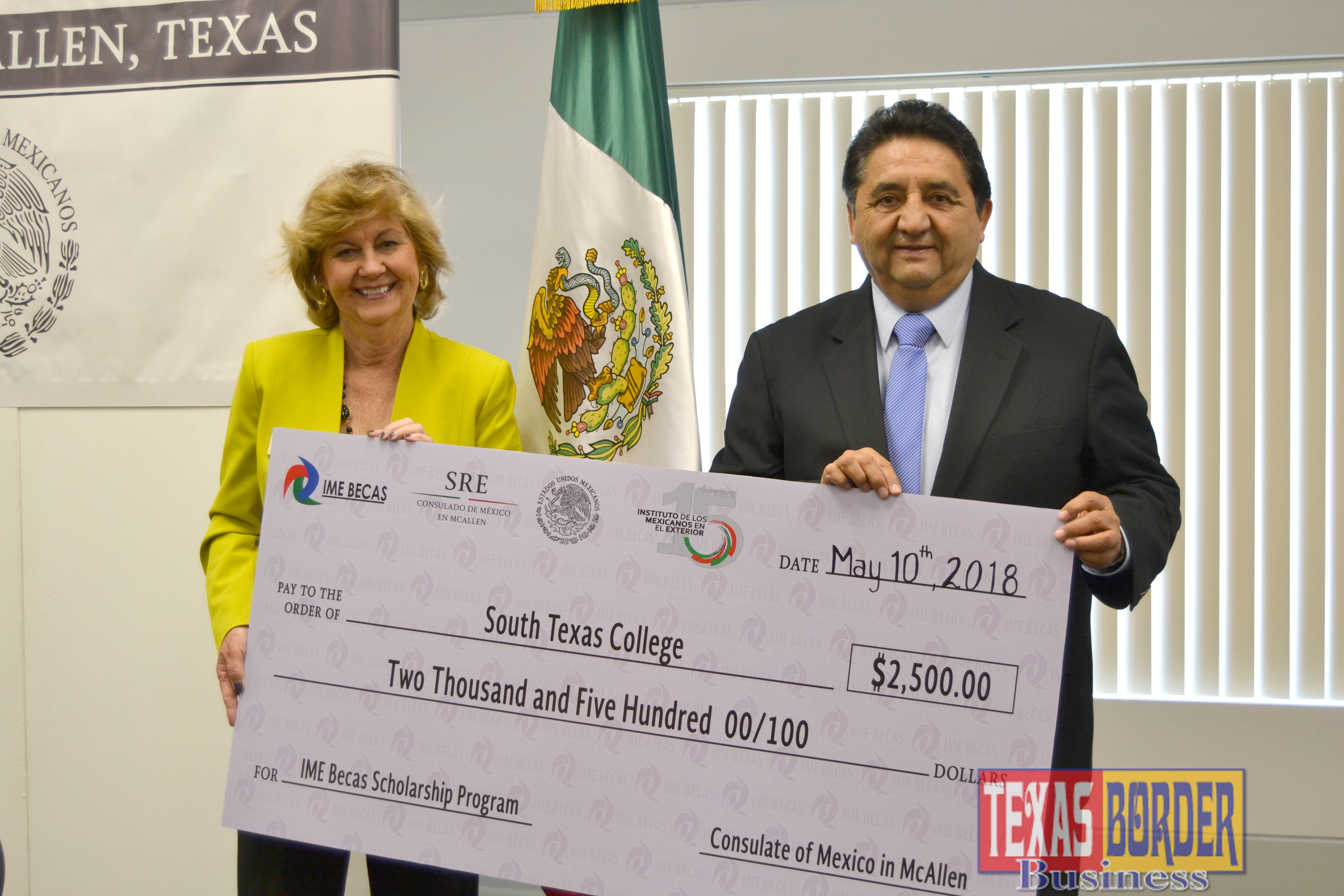 South Texas College President Dr. Shirley A. Reed (left) and the Consul of Mexico in McAllen, Eduardo Bernal Martinez formalized an official IME Becas amendment to a Memorandum of Understanding (MOU) signed in December 2017 to increase the educational attainment level of Mexicans or persons of Mexican origin living in the US. The Consulate will be providing STC with $2,500 in order to provide scholarships to qualifying students. STC will match those funds for a total of $5,000. The scholarship funds will benefit 10 eligible students at South Texas College at $500 per student.