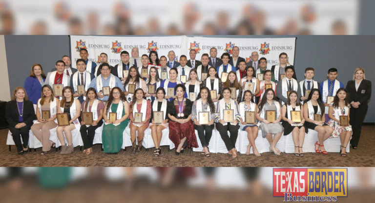 Edinburg CISD students pose for a picture with board members and administrators during the 2018 Top Ten Migrant Senior Banquet at the UTRGV CESS Building in Edinburg.