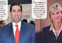 Alex Meade ​is the CEO of the Mission Economic Development Corporation will serve on the Upper RGV Board. Leslie Bingham ​is the CEO of Valley Baptist Medical Center-Brownsville and will serve on the Lower RGV Board.