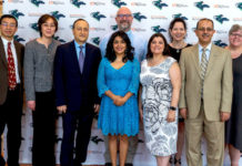 The University of Texas Rio Grande Valley honored more than 50 faculty members during its annual Faculty Excellence Awards, held Thursday, May 3, at the TSC Arts Center in Brownsville. The major awardees were (front row, from left) Yuanbing Mao, associate professor, Chemistry, Excellence in Research; Bin Wang, professor, Information Systems, Excellence in Teaching (Tenured/Tenure-Track); Karen Martirosyan, professor, Physics and Astronomy, Excellence in Student Mentoring; Teresa Patricia Feria Arroyo, associate professor, Biology, Excellence in Community Engaged Scholarship; Bonnie Gunn, lecturer II, Biology, Excellence in Teaching (Non-Tenure Track); and Dr. Ala Qubbaj, senior associate vice president for Faculty Affairs and Diversity; (back row, from left) Dr. Fred Zaidan, chair of the Department of Biology, accepting the award for his department for Excellence in Faculty Mentoring; Maria Elena Corbeil, associate professor, Teaching and Learning, Excellence in Service; and Amy Hay, associate professor, History, Excellence in Sustainability Education. (UTRGV Photo by David Pike)