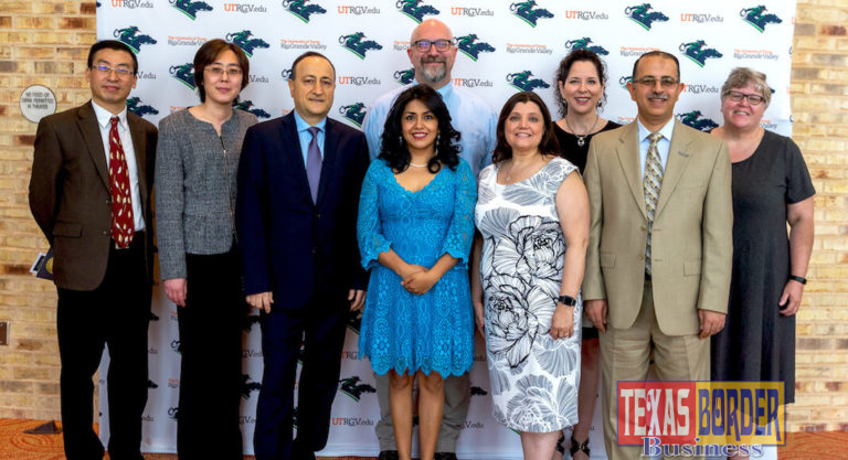 The University of Texas Rio Grande Valley honored more than 50 faculty members during its annual Faculty Excellence Awards, held Thursday, May 3, at the TSC Arts Center in Brownsville. The major awardees were (front row, from left) Yuanbing Mao, associate professor, Chemistry, Excellence in Research; Bin Wang, professor, Information Systems, Excellence in Teaching (Tenured/Tenure-Track); Karen Martirosyan, professor, Physics and Astronomy, Excellence in Student Mentoring; Teresa Patricia Feria Arroyo, associate professor, Biology, Excellence in Community Engaged Scholarship; Bonnie Gunn, lecturer II, Biology, Excellence in Teaching (Non-Tenure Track); and Dr. Ala Qubbaj, senior associate vice president for Faculty Affairs and Diversity; (back row, from left) Dr. Fred Zaidan, chair of the Department of Biology, accepting the award for his department for Excellence in Faculty Mentoring; Maria Elena Corbeil, associate professor, Teaching and Learning, Excellence in Service; and Amy Hay, associate professor, History, Excellence in Sustainability Education. (UTRGV Photo by David Pike)
