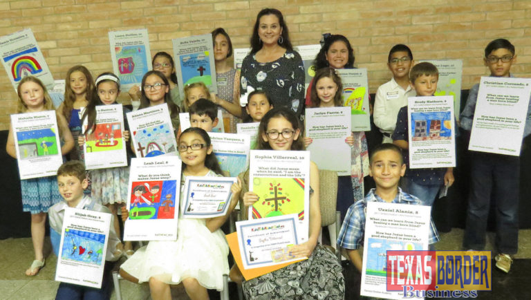Eighteen Valley children attended the RGV Children's Arts Festival Awards held at the Art Village on Main Event Center in McAllen on Saturday, April 28. Kneeling and sitting from left to right are Elijah Gray, Leah Leal (winner, K-3 division), Sophia Villarreal (winner, 4-6 division) and Uzziel Alanis. Those standing are Makaila Mason, Jamie Gonzalez, Daphne Santos, Aliana Martinez, Laura Guillen, Amber Gonzalez, Adrian Vasquez, Sofia Tejeda, Daniella Cisneros, Marisa Cano (festival sponsor), Jaclyn Farris, Angelina Duque, Nicolas Lugo, Brody Hathorn and Christian Coronado.