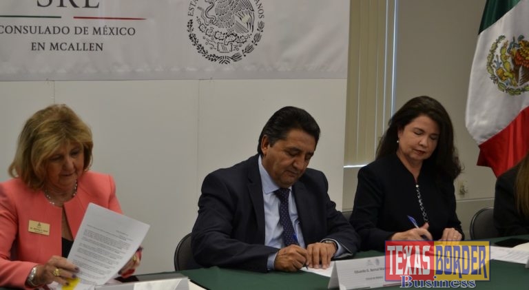 South Texas College, the University of Texas-Rio Grande Valley, and the Consulate of Mexico in McAllen will formalize an official IME Becas amendment to a Memorandum of Understanding (MOU) signed in December 2017. Left to right: STC President Dr. Shirley A. Reed; Mexican Consulate in McAllen Eduardo Bernal Martinez; and Rita Garza, director of operations at UTRGV, formalized an official IME Becas MOU last December to lay the foundation for a partnership seeking to increase the educational attainment of Mexicans or persons of Mexican origin living in the US.