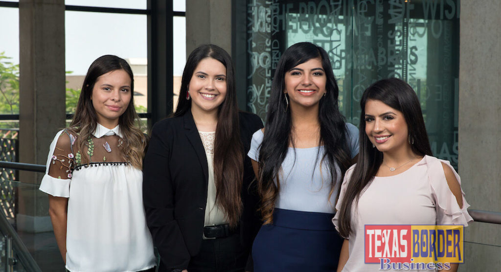UTRGV education students (from left) Jimena Gamboa of La Feria, Clarissa Rodriguez of Weslaco, Kasandra Salinas of La Feria, and Clarissa Guerra of Edinburg, are among the seven UTRGV students named recipients of the Charles Butt Scholarship for Aspiring Teachers, under the Raise Your Hand Foundation. For this inaugural cohort, 100 students from 10 partnering universities in Texas were chosen from a pool of 350 candidates by means of a competitive selection process, which included a written application, interviews, group activities and demonstration of a teaching lesson. Each student receives an $8,000 scholarship each year for up to four years, as well as ongoing training, mentorship and networking opportunities facilitated by the Raise Your Hand Texas Foundation. Not shown are recipients Raquel Perez of Edinburg, Brenda Olvera of Brownsville, and Cristina Ortiz of Laredo. (UTRGV Photo by Paul Chouy)