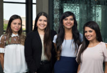 UTRGV education students (from left) Jimena Gamboa of La Feria, Clarissa Rodriguez of Weslaco, Kasandra Salinas of La Feria, and Clarissa Guerra of Edinburg, are among the seven UTRGV students named recipients of the Charles Butt Scholarship for Aspiring Teachers, under the Raise Your Hand Foundation. For this inaugural cohort, 100 students from 10 partnering universities in Texas were chosen from a pool of 350 candidates by means of a competitive selection process, which included a written application, interviews, group activities and demonstration of a teaching lesson. Each student receives an $8,000 scholarship each year for up to four years, as well as ongoing training, mentorship and networking opportunities facilitated by the Raise Your Hand Texas Foundation. Not shown are recipients Raquel Perez of Edinburg, Brenda Olvera of Brownsville, and Cristina Ortiz of Laredo. (UTRGV Photo by Paul Chouy)