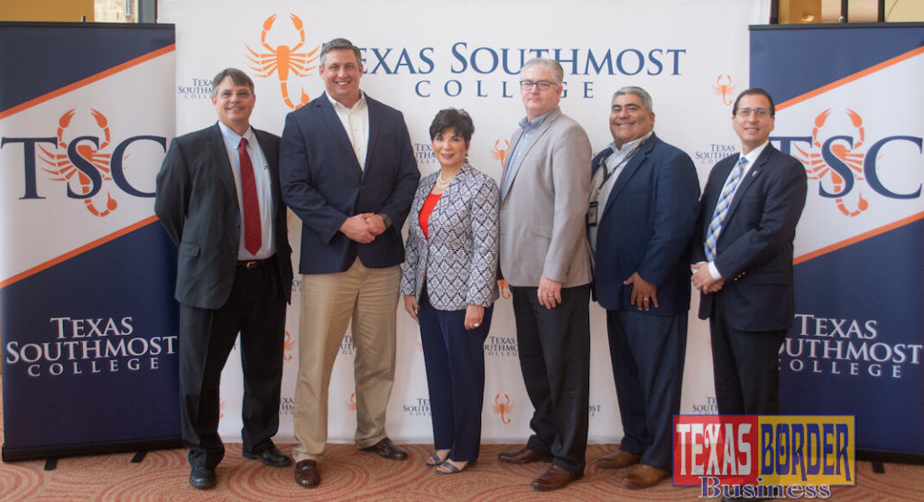 Texas Southmost College (TSC) announced the launch of an Industrial Scaffolding program on June 7, 2018 at the TSC Performing Arts Center in Brownsville, Texas. From left, TSC Associate Vice President of Instruction & Workforce Development, Partner Industrial representative Brian Wedemeyer, TSC Board of Trustees Chair Adela G. Garza, Excel Modular Scaffolding representative Mark Sammis, Workforce Solutions Cameron Regional Director Henry Castillo, TSC President Jesús Roberto Rodríguez, Ph.D.