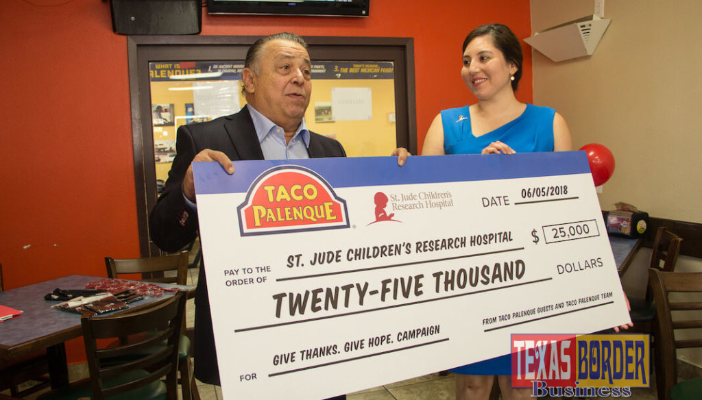 Pictured above Taco Palenque founder, Juan Francisco “Pancho” Ochoa delivering a check for $25,000 to Anyoleth Sanchez, Texas Region St. Jude representative. The effort of raising the funds started in April of this year. 