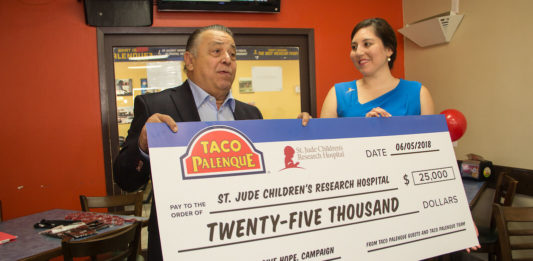 Pictured above Taco Palenque founder, Juan Francisco “Pancho” Ochoa delivering a check for $25,000 to Anyoleth Sanchez, Texas Region St. Jude representative. The effort of raising the funds started in April of this year.