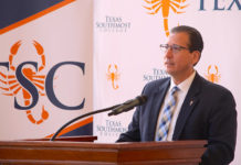 Texas Southmost College (TSC) President Jesús Roberto Rodríguez, Ph.D. speaks during a press conference on June 7, 2018 announcing the launch of TSC's new Industrial Scaffolding program at the TSC Performing Arts Center in Brownsville, Texas. 