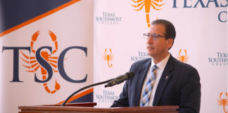 Texas Southmost College (TSC) President Jesús Roberto Rodríguez, Ph.D. speaks during a press conference on June 7, 2018 announcing the launch of TSC's new Industrial Scaffolding program at the TSC Performing Arts Center in Brownsville, Texas. 