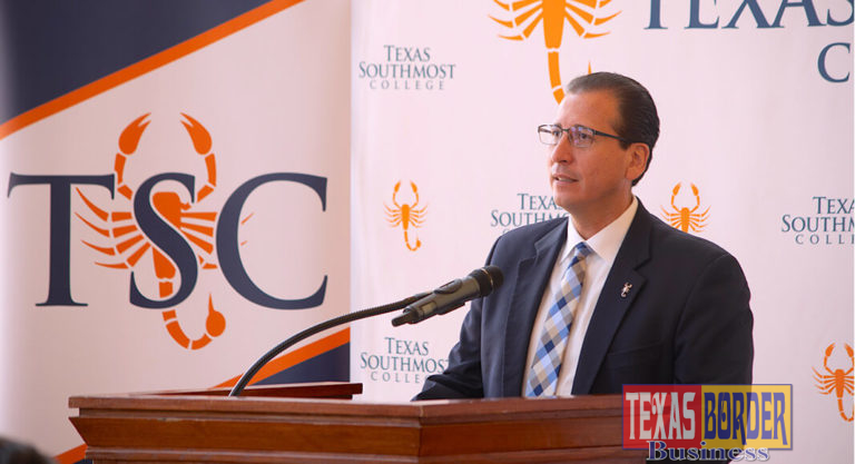 Texas Southmost College (TSC) President Jesús Roberto Rodríguez, Ph.D. speaks during a press conference on June 7, 2018 announcing the launch of TSC's new Industrial Scaffolding program at the TSC Performing Arts Center in Brownsville, Texas. 