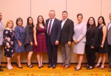 From left: Johnny Rodríguez (Bert Ogden Auto Group–Public Relations); Abel Garza (Wells Fargo); Marivel Valdez (Open Range Enterprises); Nydia M. Treviño (Memorial Funeral Home); Erica Pérez (RGV Town Planner); Mónica Ann Vega (Oceangate Hospitality); Robert C. Vackar (Bert Ogden Auto Group); Edinburg Mayor Richard Molina; Mary Lou Escobedo (Escobedo & Cárdenas, LLP); Maricruz Z. Nieto (Townplace Suites by Marriott); Priscilla C. Whiteaker (Farmers Insurance); Joe A. Delgado (Halff Associates); and John Mark Atchley (South Texas Health System Edinburg). Vackar and Molina were special guests for the graduation ceremony. Photograph By RONNIE LARRALDE