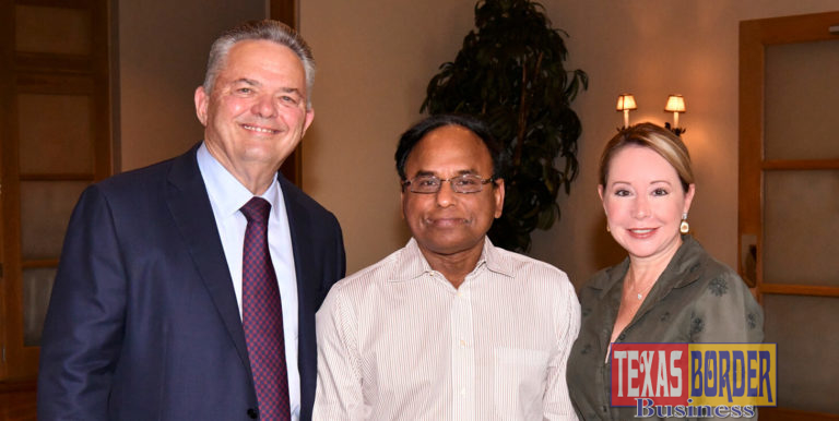 Pictured, in the middle Dr. Yash P. Gupta flanked by Mr. Robert C. Vackar Chairman of the Board of the Bert Ogden Auto Group and Dr. Kelly Scrivner Vice President for Institutional Advancement at UTRGV. Gupta was named the new dean of the UTRGV Robert C. Vackar College of Business and Entrepreneurship, will assume his post on Aug. 1. He replaces Dr. Mark Kroll, who served as dean of the Vackar COBE for seven years and now returns to faculty to focus on teaching and research. Gupta comes to the Valley from Louisville, Kentucky, where he was president and CEO of Yash Gupta Consulting, Inc., providing consulting services to academic institutions and industries based on strategic planning and new market development. Photo by Roberto Hugo Gonzalez