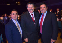 Mayor of Laredo Pete Saenz to testify before the U.S. Senate Finance Subcommittee on International Trade Pictured above in the center Pete Saenz, mayor of Laredo Texas. Mayor Saenz is the chairman of the Texas Border Coalition (TBC). He will testify before the U.S. Senate Finance Subcommittee on International Trade, Customs and Global Competitiveness on Wednesday July 18, 2018. He is flanked from left to right by Roel “Roy” Rodriguez, McAllen City Manager and John D. Franz, former mayor of Hidalgo, Texas. Photo taken during Mayor Jim Darling McAllen State of the City early this year (2018). Photo by Roberto Hugo Gonzalez