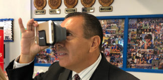 Edinburg CISD Superintendent Dr. René Gutiérrez uses a virtual reality viewer during the 7th Annual Innovate Conference at Vela High School in Edinburg.