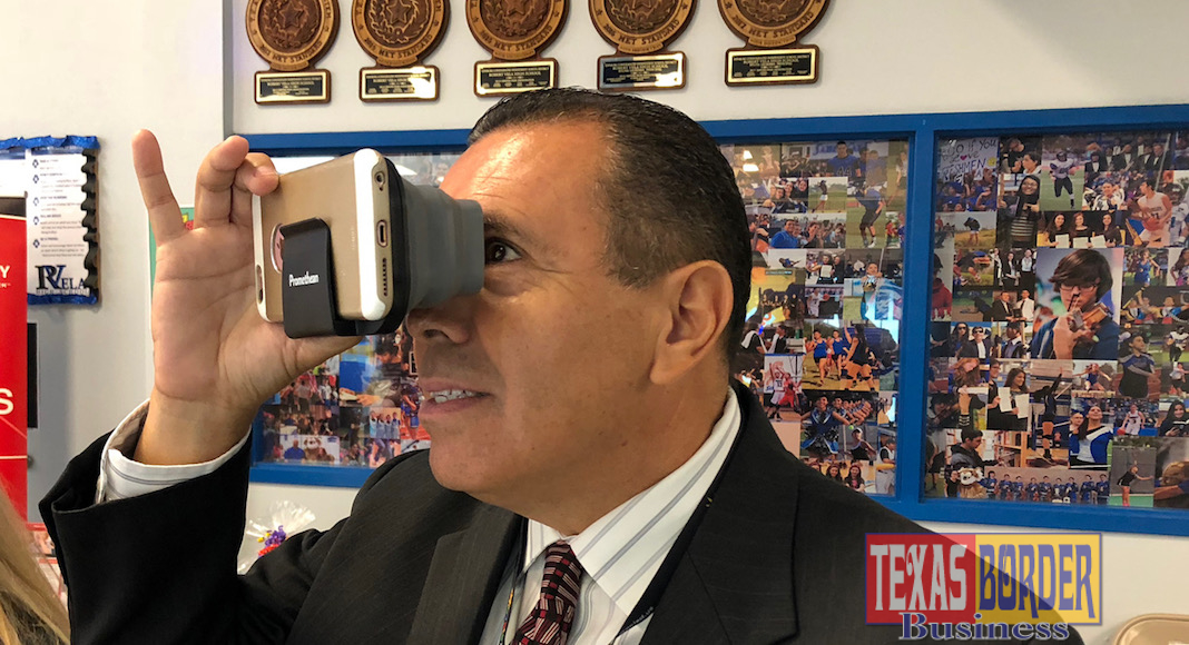 Edinburg CISD Superintendent Dr. René Gutiérrez uses a virtual reality viewer during the 7th Annual Innovate Conference at Vela High School in Edinburg.