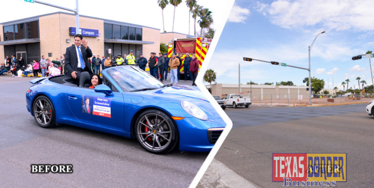 Part of the building behind is no longer there. See next photo now a green area funded by BBVA Compass. Pictured above Paul Villarreal Tax Assessor Collector participating in the Mission Citrus Fiesta Parade in 2017. Photo by Roberto Hugo Gonzalez